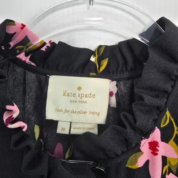 Kate Spade Ma Cherie In Bloom Black Floral Smocked Waist Tiered A Line Dress - Picture 4 of 10